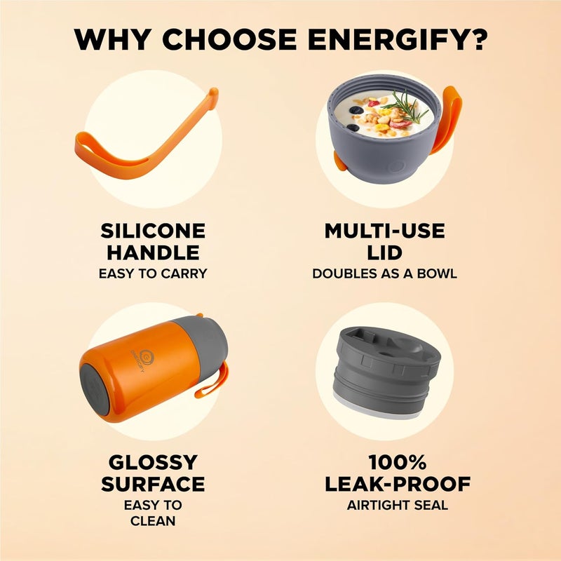 ENERGIFY Vacuum Insulated Food Jar. Large 24oz Bowl incl. Folding Spoon, Cup. Wide Mouth Keep Hot & Cold Drinks Soup Lunch Container for Adults. BPA-Free Stainless Steel, Leak Proof Orange - Image 5